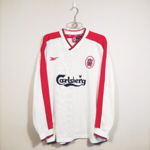 Koszulka piłkarska Liverpool FC 1998-00 wyjazdowa/trzecia w rozmiarze XL w kolorze czerwono-białym.