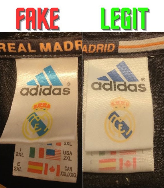 Porównanie wash taga w oryginalnej i podrobionej koszulce Realu Madryt 1999-01.