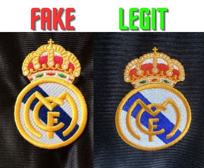 Porónanie herbów w oryginalnej i podrobionej wyjazdowej koszulce Realu Madryt 1999-01.